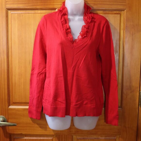 Chaps Red Ruffle Vneck Sweater Valentine's Day Holiday Red Sweater LG - Picture 2 of 11